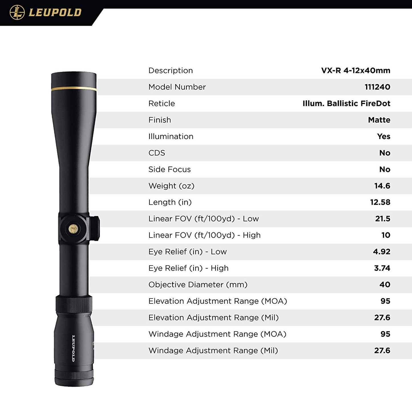 Leupold VX-R 4-12 40M Ball FD Scope